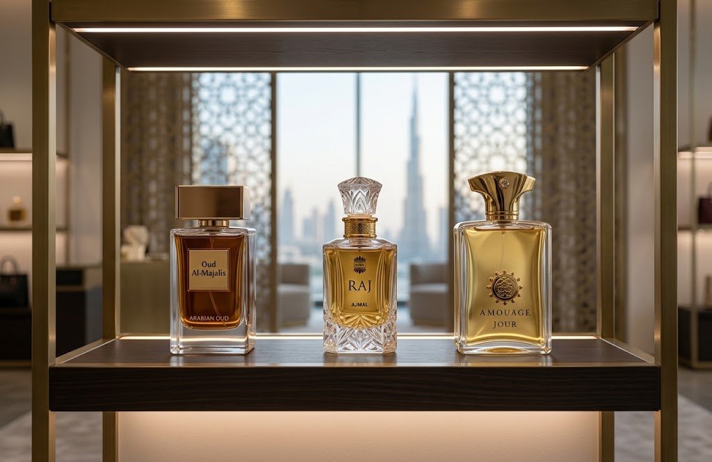 What is the best perfume brand in UAE featuring Arabic oud and luxury fragrance bottles