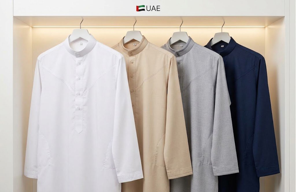 White and coloured traditional men's kanduras available through an online marketplace